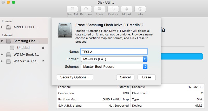 Tesla Dashcam USB Drive Format on MacOS
