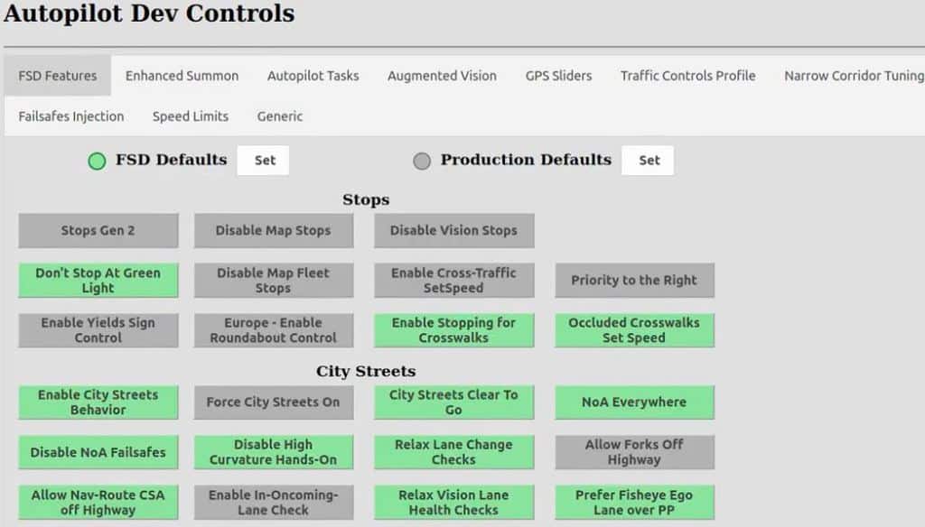 Tesla Autopilot Developer Dev Controls Menu for Full Self Driving